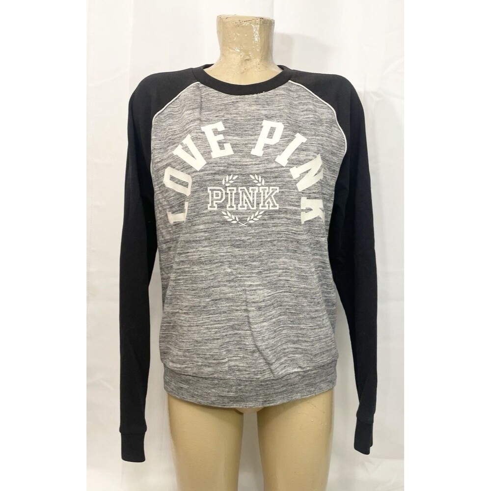 Victoria's Secret PINK Shirt M Medium 44" Long Sleeve Gray Black Thin Sweatshirt